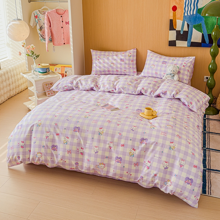 91家纺网 家纺一手货源 找家纺 感遇全棉软萌清新四件套 紫格猫咪