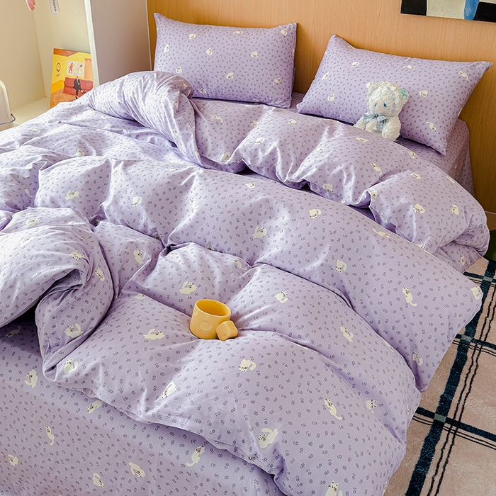 91家纺网 家纺一手货源 找家纺 感遇全棉软萌清新四件套 紫花猫