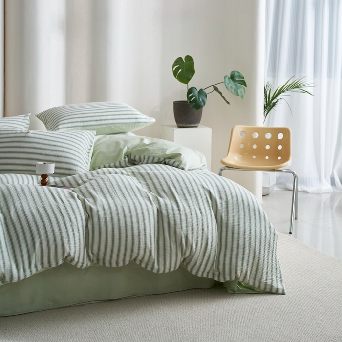 91家纺网 家纺一手货源 找家纺 金丝鸟家纺 2025新款全棉皱皱纱系列四件套 皱皱纱条纹绿