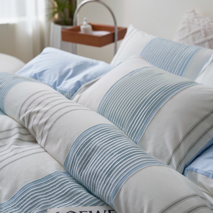 91家纺网 家纺一手货源 找家纺 金丝鸟家纺 2025新款全棉三层纱提花晴岚系列四件套 晴岚 天蓝