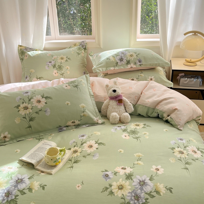 91家纺网 家纺一手货源 找家纺 涵宸家纺 2025新款全棉印花四件套 B花期-绿