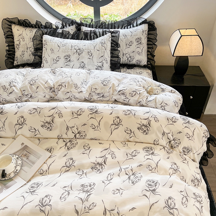 91家纺网 家纺一手货源 找家纺 眠势力 2025新款赫本风被套韩版荷叶花边被罩四季款 玫瑰之恋