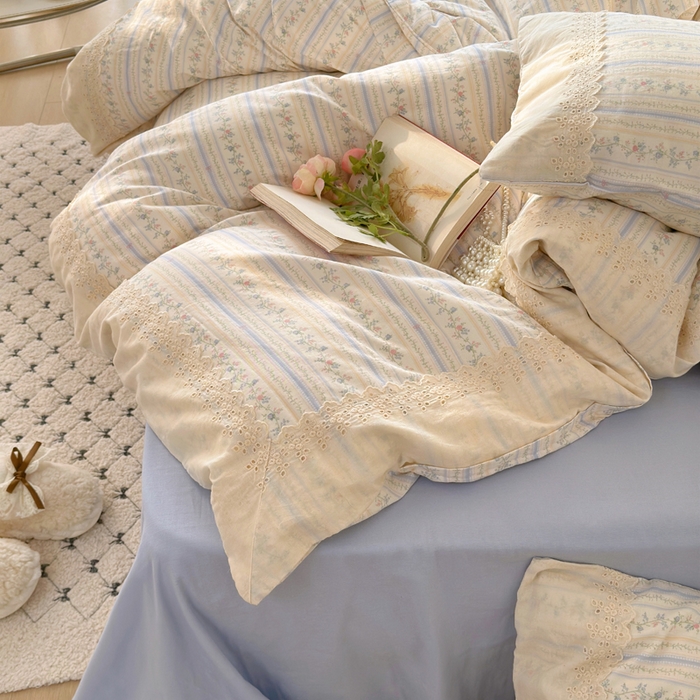 91家纺网 家纺一手货源 找家纺 （总）澳萝拉 2025新款小碎花清新春夏全棉花边双层纱韩系三件套四件套