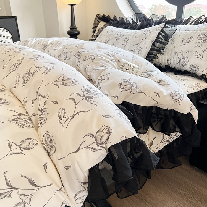 91家纺网 家纺一手货源 找家纺 眠势力 2025新款赫本风被套韩版荷叶花边被罩四季款 玫瑰之恋