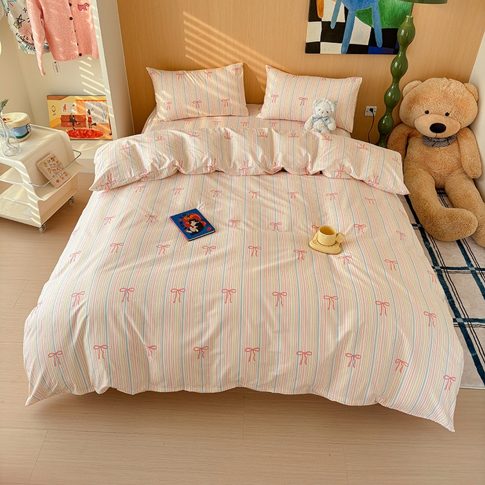 91家纺网 家纺一手货源 找家纺 感遇全棉软萌清新四件套 彩虹蝴蝶结