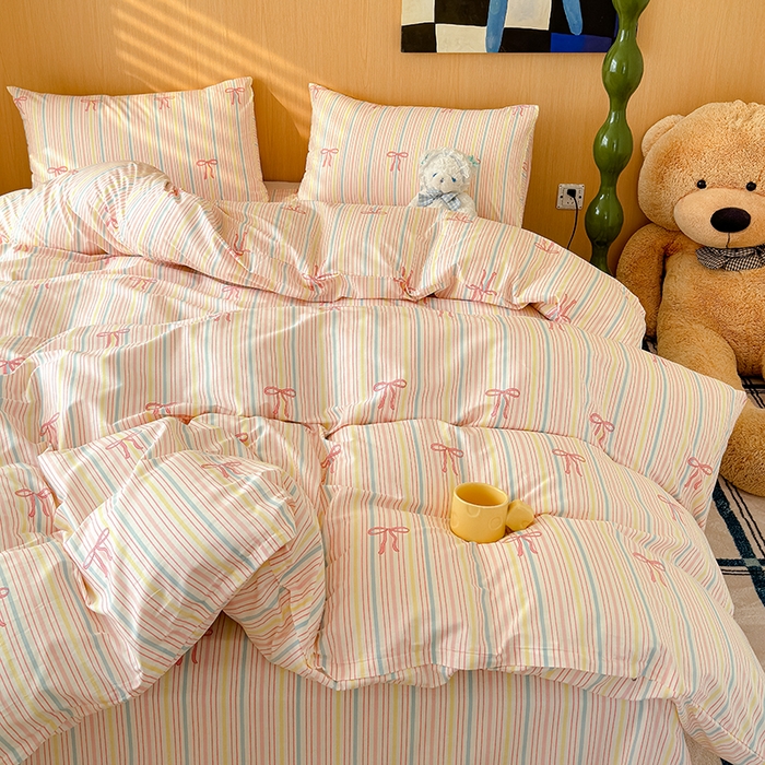 91家纺网 家纺一手货源 找家纺 感遇全棉软萌清新四件套 彩虹蝴蝶结