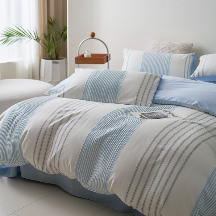 91家纺网 家纺一手货源 找家纺 金丝鸟家纺 2025新款全棉三层纱提花晴岚系列四件套 晴岚 天蓝