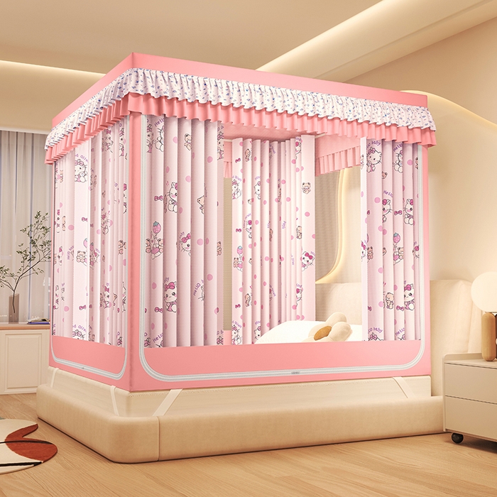 91家纺网 家纺一手货源 找家纺 迪凡保罗蚊帐 2025新款2503专版印花遮光帘防摔坐床蚊帐建模图 俏皮猫