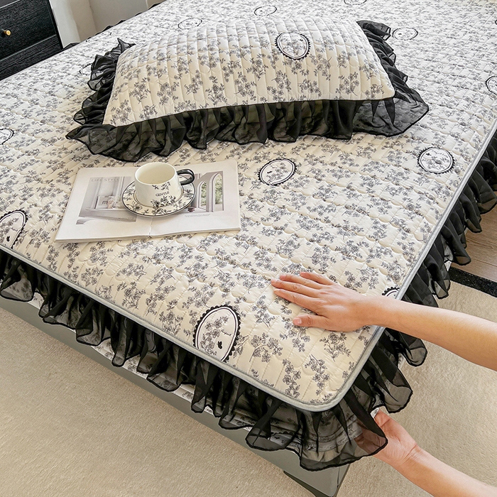 91家纺网 家纺一手货源 找家纺 眠势力 2025新款赫本风花边床笠四季通用加厚夹棉席梦思保护套 花香满园