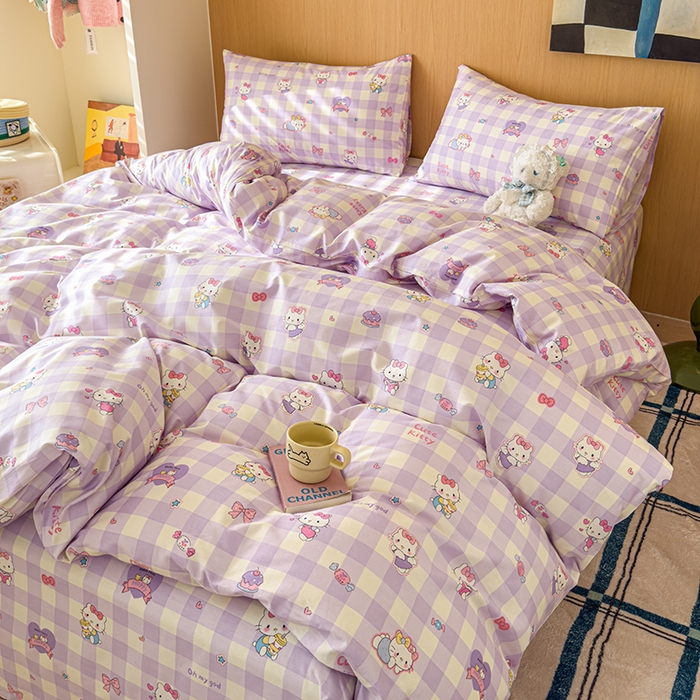 91家纺网 家纺一手货源 找家纺 感遇全棉软萌清新四件套 紫格猫咪