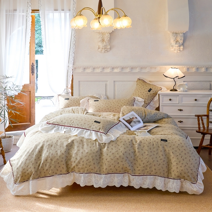 91家纺网 家纺一手货源 找家纺 久典2025A类法式复古双层纱织带贴边花边款四件套 木槿