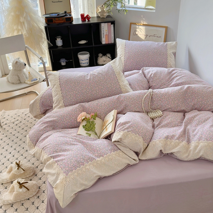 91家纺网 家纺一手货源 找家纺 澳萝拉 2025新款小碎花清新春夏全棉花边双层纱韩系三件套四件套 莫奈花园