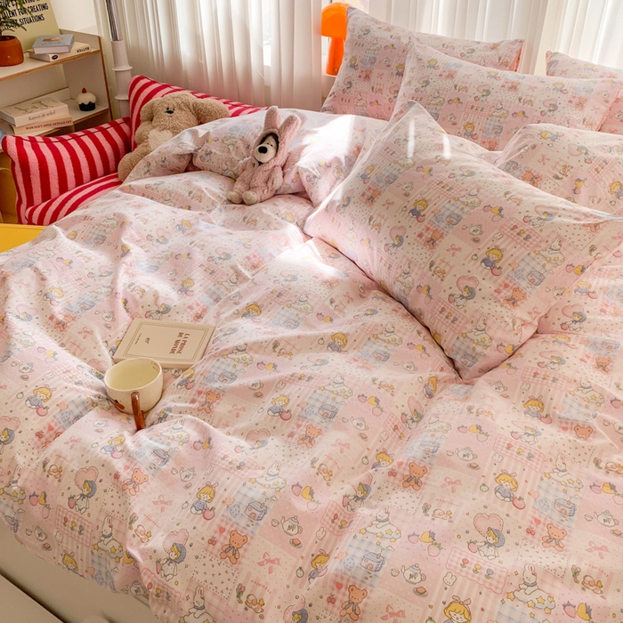 91家纺网 家纺一手货源 找家纺 澳萝拉 2025新款小碎花清新春夏全棉花边双层纱韩系三件套四件套 粉粉日记