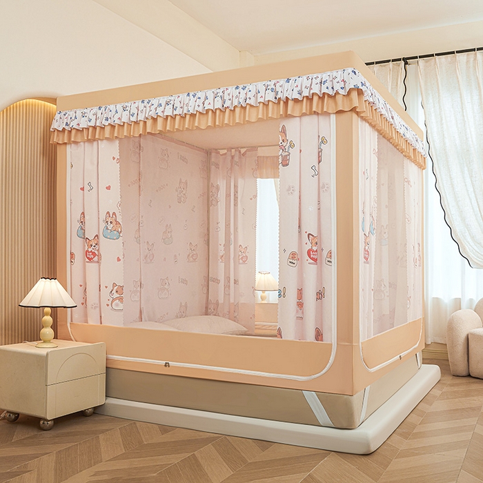 91家纺网 家纺一手货源 找家纺 迪凡保罗蚊帐 2025新款2503专版印花遮光帘防摔坐床蚊帐实拍图 调皮狗