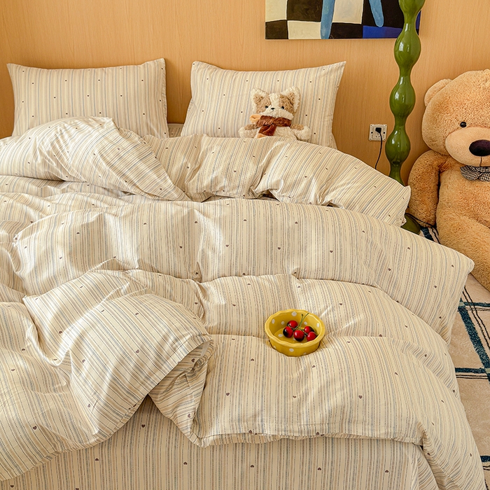 91家纺网 家纺一手货源 找家纺 感遇全棉软萌清新四件套 浅灰爱心