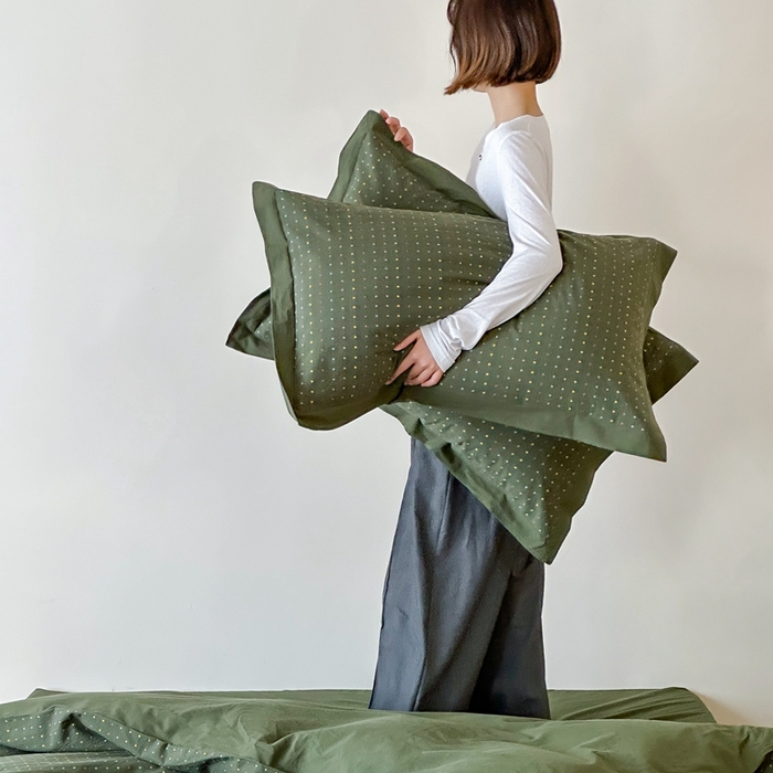 91家纺网 家纺一手货源 找家纺 云上  2025新款色织小提花方糖水洗棉四件套 方糖-军绿