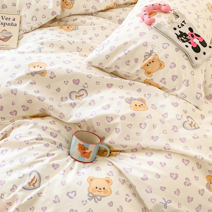 91家纺网 家纺一手货源 找家纺 澳萝拉 2025新款小碎花清新春夏全棉花边双层纱韩系三件套四件套 豹纹小熊