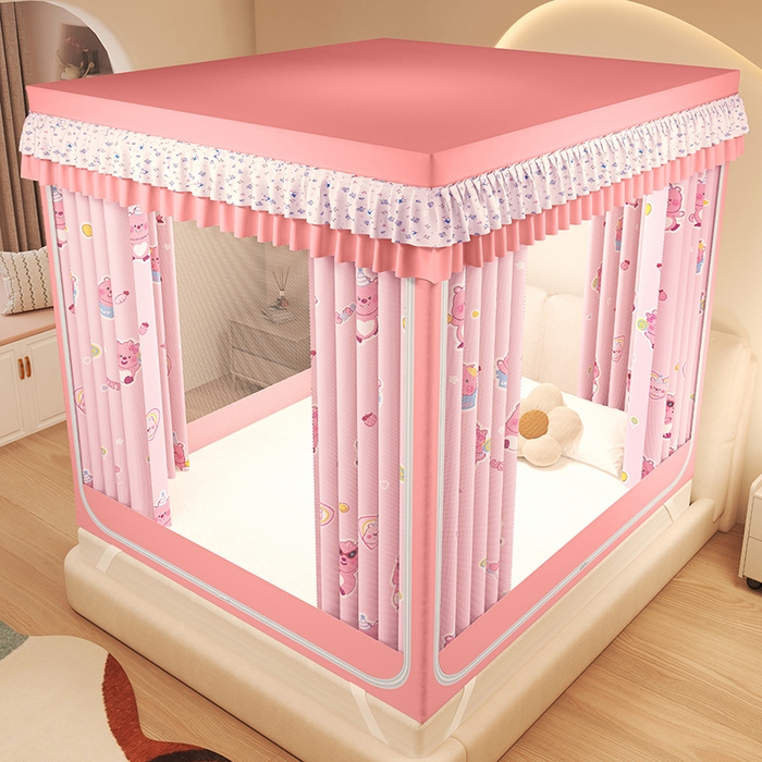 91家纺网 家纺一手货源 找家纺 迪凡保罗蚊帐 2025新款2503专版印花遮光帘防摔坐床蚊帐建模图 粉红小熊