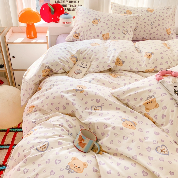 91家纺网 家纺一手货源 找家纺 澳萝拉 2025新款小碎花清新春夏全棉花边双层纱韩系三件套四件套 豹纹小熊