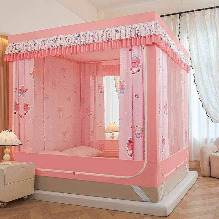 91家纺网 家纺一手货源 找家纺 迪凡保罗蚊帐 2025新款2503专版印花遮光帘防摔坐床蚊帐实拍图 粉红小熊