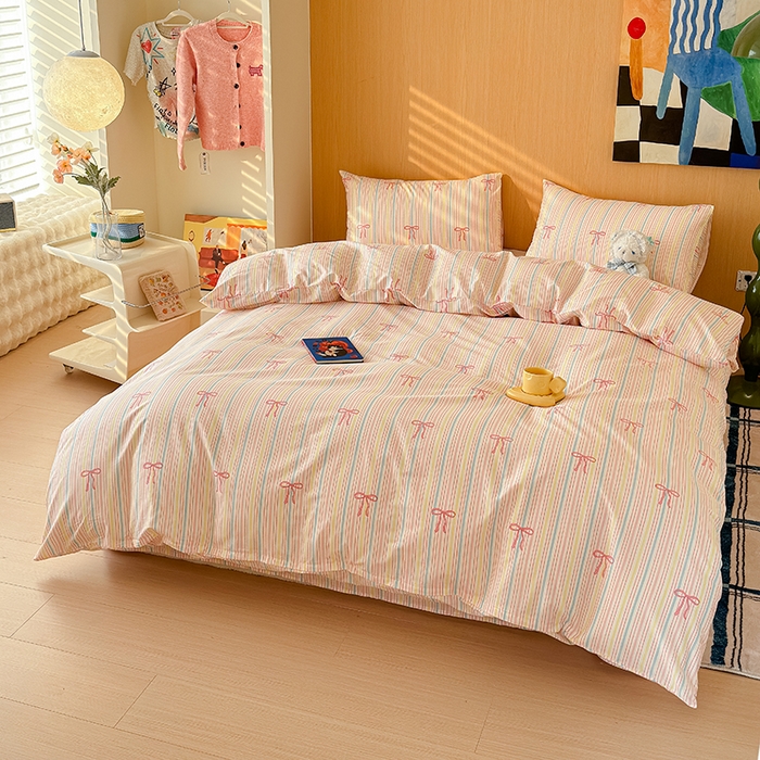 91家纺网 家纺一手货源 找家纺 感遇全棉软萌清新四件套 彩虹蝴蝶结