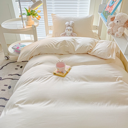 悦织湾家纺 2025新款华夫格压泡亲肤学生宿舍三件套单人床轻奢时尚四件套 华夫格-浅黄