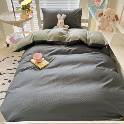 悦织湾家纺 2025新款华夫格压泡亲肤学生宿舍三件套单人床轻奢时尚四件套 华夫格压泡-深灰+抹茶