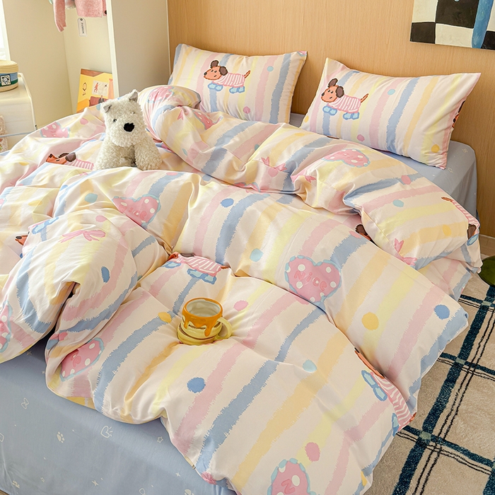 91家纺网 家纺一手货源 找家纺 感遇全棉软萌清新四件套 五彩小狗