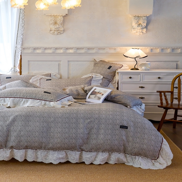 91家纺网 家纺一手货源 找家纺 久典2025A类法式复古双层纱织带贴边花边款四件套 秘境