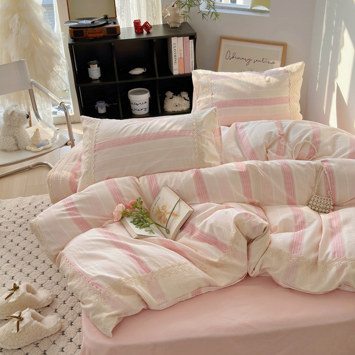 91家纺网 家纺一手货源 找家纺 澳萝拉 2025新款小碎花清新春夏全棉花边双层纱韩系三件套四件套 可露丽-粉