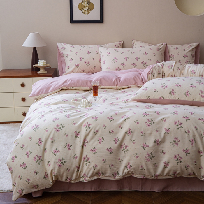 91家纺网 家纺一手货源 找家纺 利禾家纺 2025新款针织天竺棉水洗棉四件套被套学生宿舍三件套床单款 牵牛花