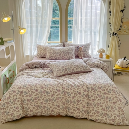 91家纺网 家纺一手货源 找家纺 仟网汇 2025新款针织双层纱AB版四件套 紫郁