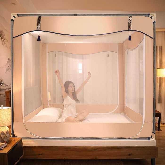 91家纺网 家纺一手货源 找家纺 青竹苑 2025新款外穿中式坐床全底防摔蚊帐 卡其色