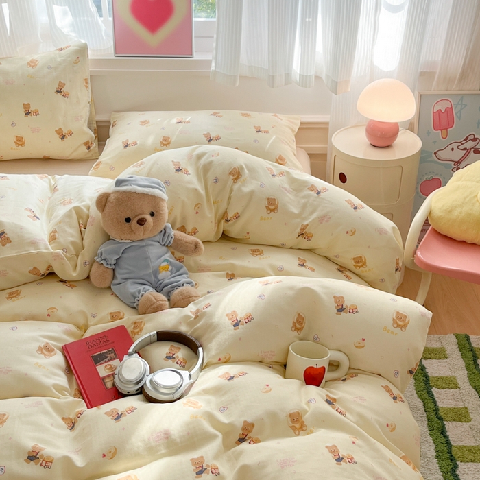 91家纺网 家纺一手货源 找家纺 博雅 2025新款全棉A类双层纱四件套 黄油小熊