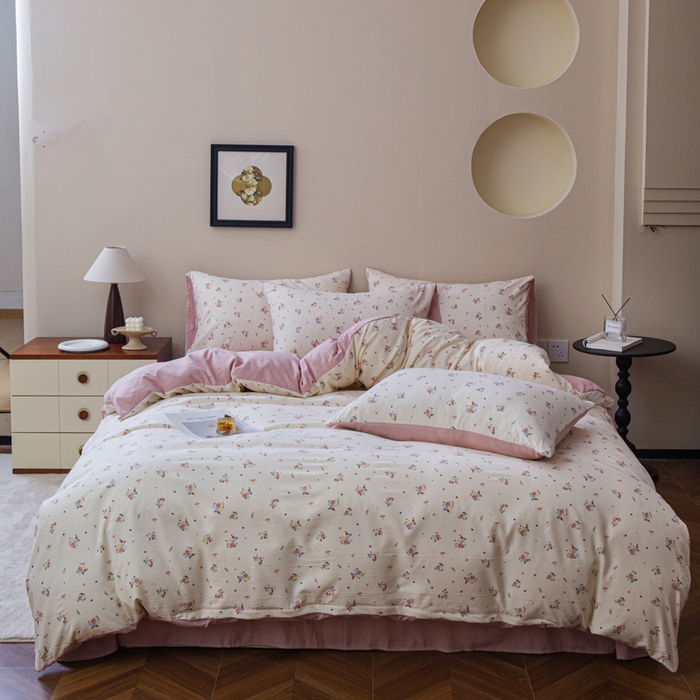 91家纺网 家纺一手货源 找家纺 斯卡诺家纺 2025新款针织天竺棉水洗棉四件套被套学生宿舍三件套床单款 小幸福