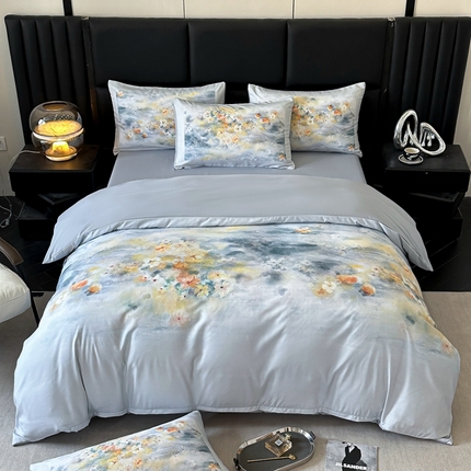 91家纺网 家纺一手货源 找家纺 经年 2025新款亲肤棉数码印花四件套-倾城 倾城-浅灰