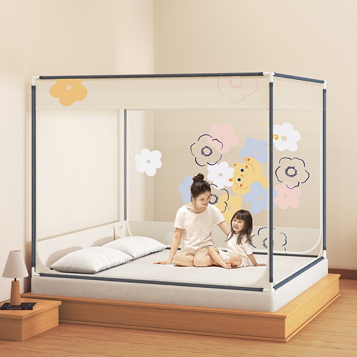 91家纺网 家纺一手货源 找家纺 青竹苑 2025新款帐纱印花外穿坐床防摔蚊帐 花朵喵喵