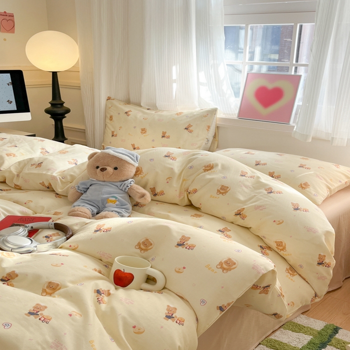 91家纺网 家纺一手货源 找家纺 博雅 2025新款全棉A类双层纱四件套 黄油小熊