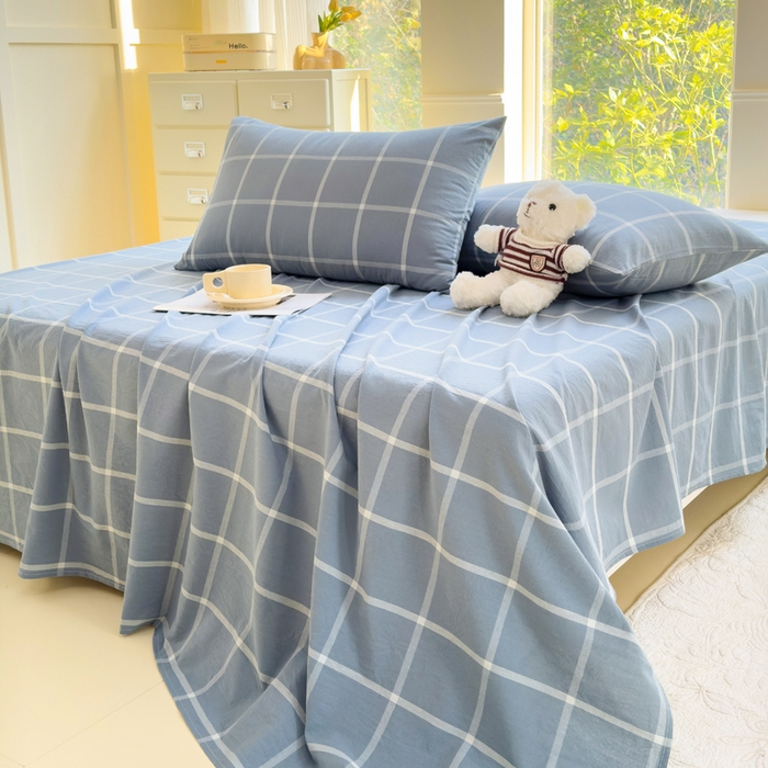 91家纺网 家纺一手货源 找家纺 柠萌家居 2025新款无印风全棉色织A类母婴级纯棉水洗棉床单 海蓝大格