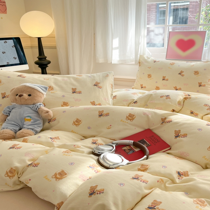 91家纺网 家纺一手货源 找家纺 博雅 2025新款全棉A类双层纱四件套 黄油小熊