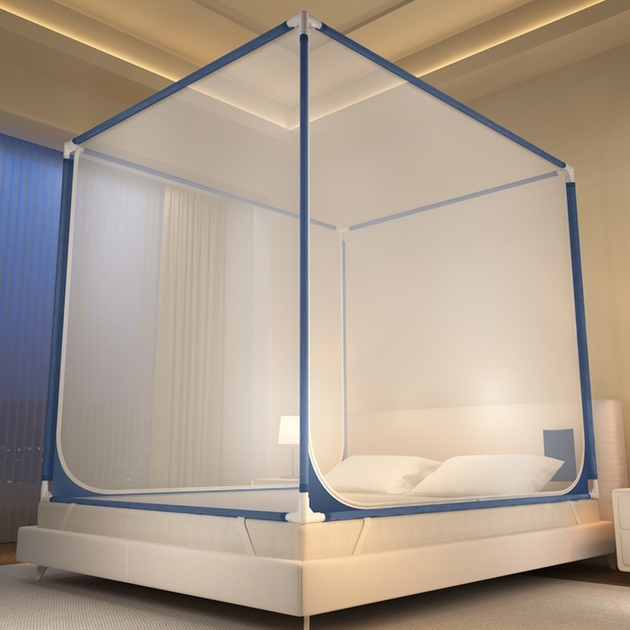 91家纺网 家纺一手货源 找家纺 青竹苑 2025新款双门全底外穿坐床式蚊帐儿童防摔防蚊拉链方帐 大方加密蓝