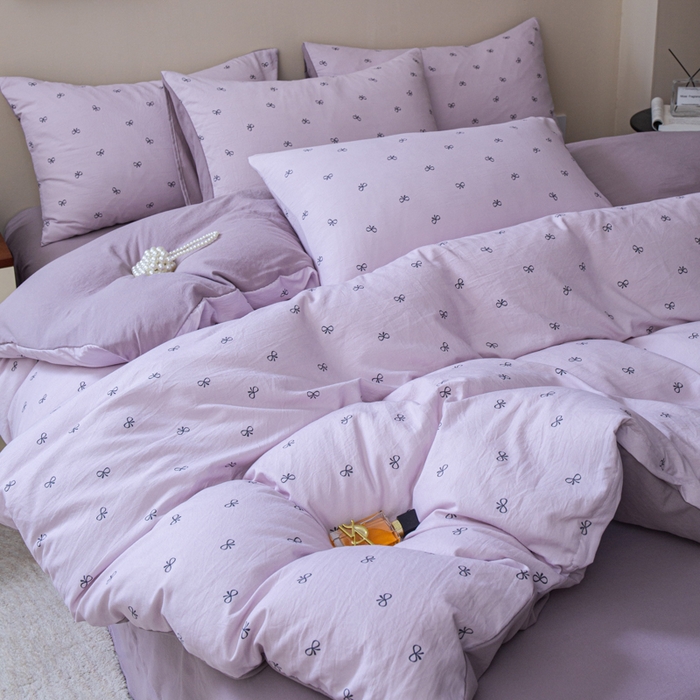 91家纺网 家纺一手货源 找家纺 利禾家纺 2025新款针织天竺棉水洗棉四件套被套学生宿舍三件套床单款 莫奈紫