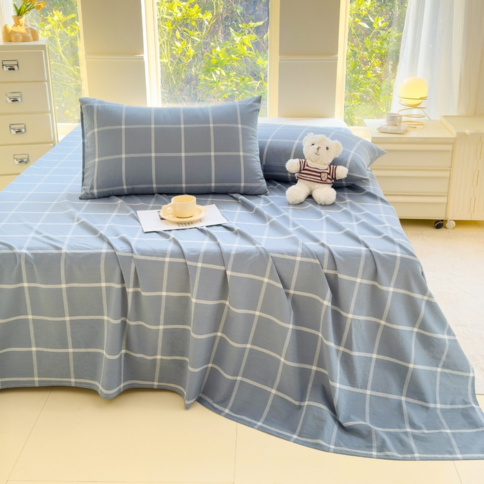 91家纺网 家纺一手货源 找家纺 柠萌家居 2025新款无印风全棉色织A类母婴级纯棉水洗棉床单 海蓝大格