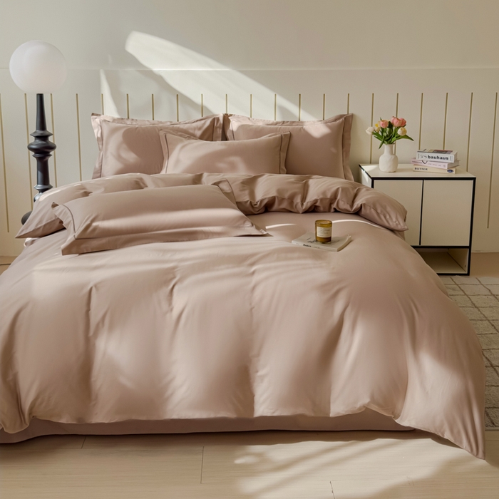 91家纺网 家纺一手货源 找家纺 锦彩 2025新款40长绒棉酒店宾馆民宿学生三件套正宗13372双拼纯色全棉四件套（可定制）摩卡