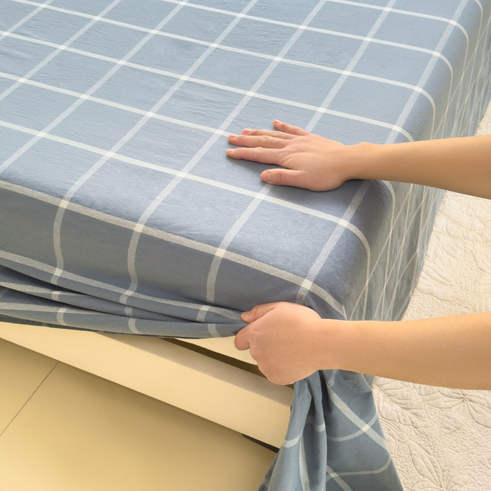 91家纺网 家纺一手货源 找家纺 柠萌家居 2025新款无印风全棉色织A类母婴级纯棉水洗棉床单 海蓝大格