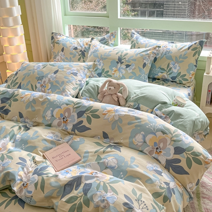 91家纺网 家纺一手货源 找家纺 菲梵家纺 2025新款喷气小清新全棉印花四件套（预留缩水）木棉花