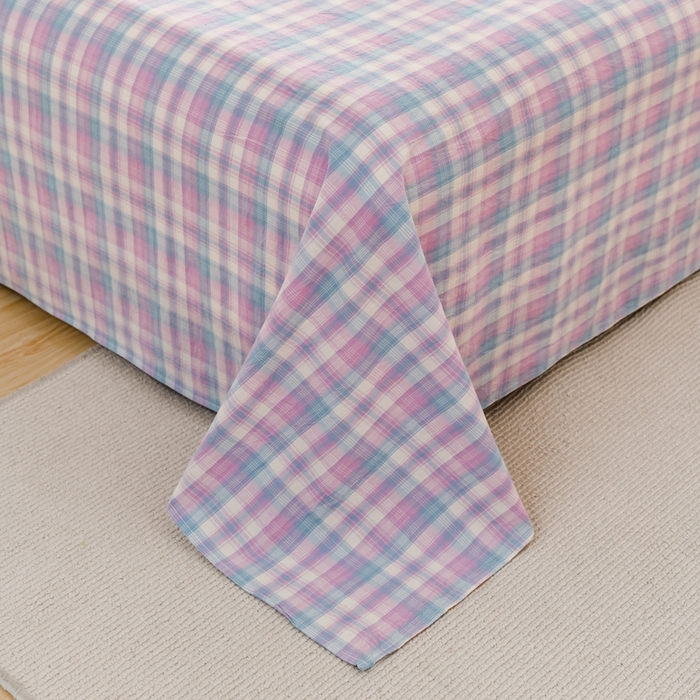 91家纺网 家纺一手货源 找家纺 柠萌家居 2025新款无印风全棉色织A类母婴级纯棉水洗棉床单 简爱紫格