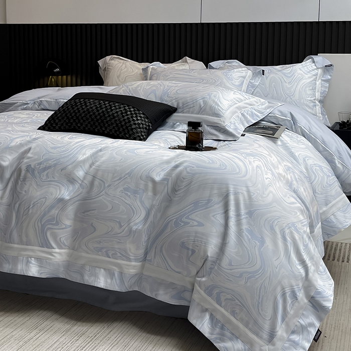 91家纺网 家纺一手货源 找家纺 【直播爆款】A类全棉数码印花四件套纯棉轻奢风长绒棉床单被套条纹床上用品 SM浮影-沁水蓝