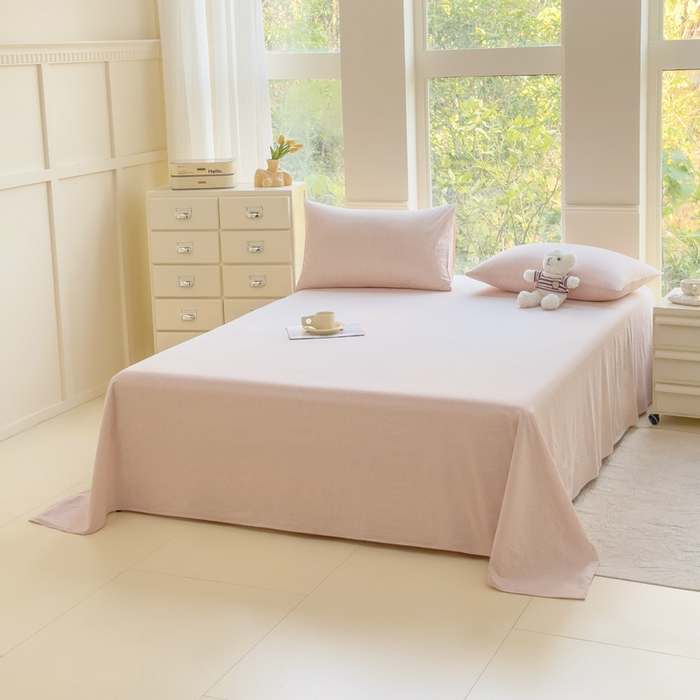 91家纺网 家纺一手货源 找家纺 柠萌家居 2025新款无印风全棉色织A类母婴级纯棉水洗棉床单 粉极细条