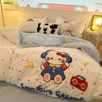 91家纺网 家纺一手货源 找家纺 （总）韩巢家纺 2025新款云朵棉可爱小猫咪毛巾绣被套床单床上用品四件套宿舍三件套（提供卖家秀）